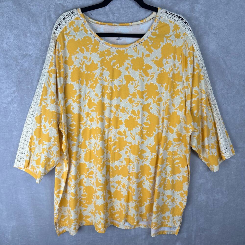 Lands End Top Womens 3X Plus Yellow Floral Embroidered Lace 3/4 Sleeve Stretch